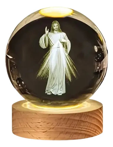 Lampara Esfera Bola De Cristal 3d Base De Madera Cristo Redentor Pequeña