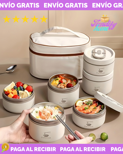 🥗Lonchera Portatil Porta Comida Térmica De 4 Piezas Con Estuche