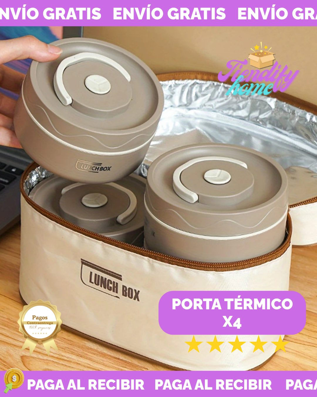 🥗Lonchera Portatil Porta Comida Térmica De 4 Piezas Con Estuche